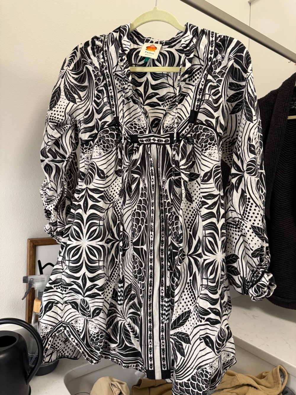 FARM Rio Black & White Botanical Dress